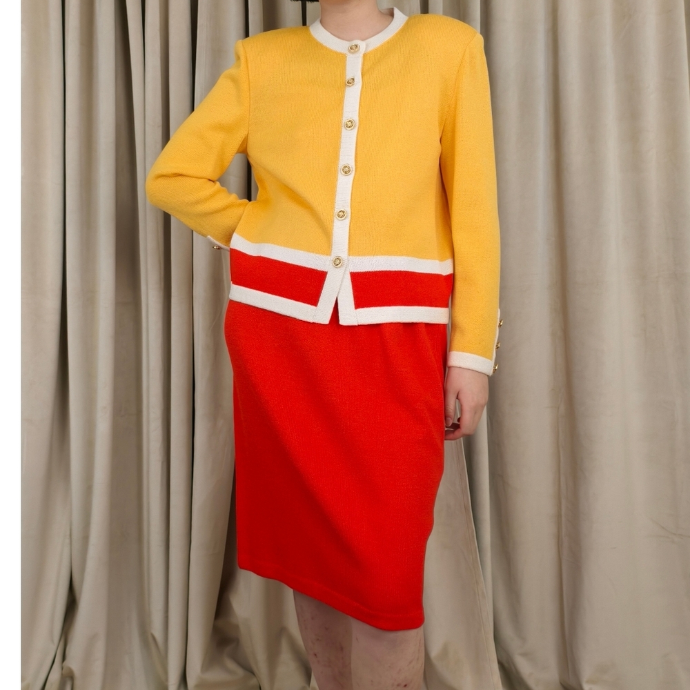 Vintage St. John Vibrant Red and Yellow Santana Knit Skirt Set - Picture 2 of 8
